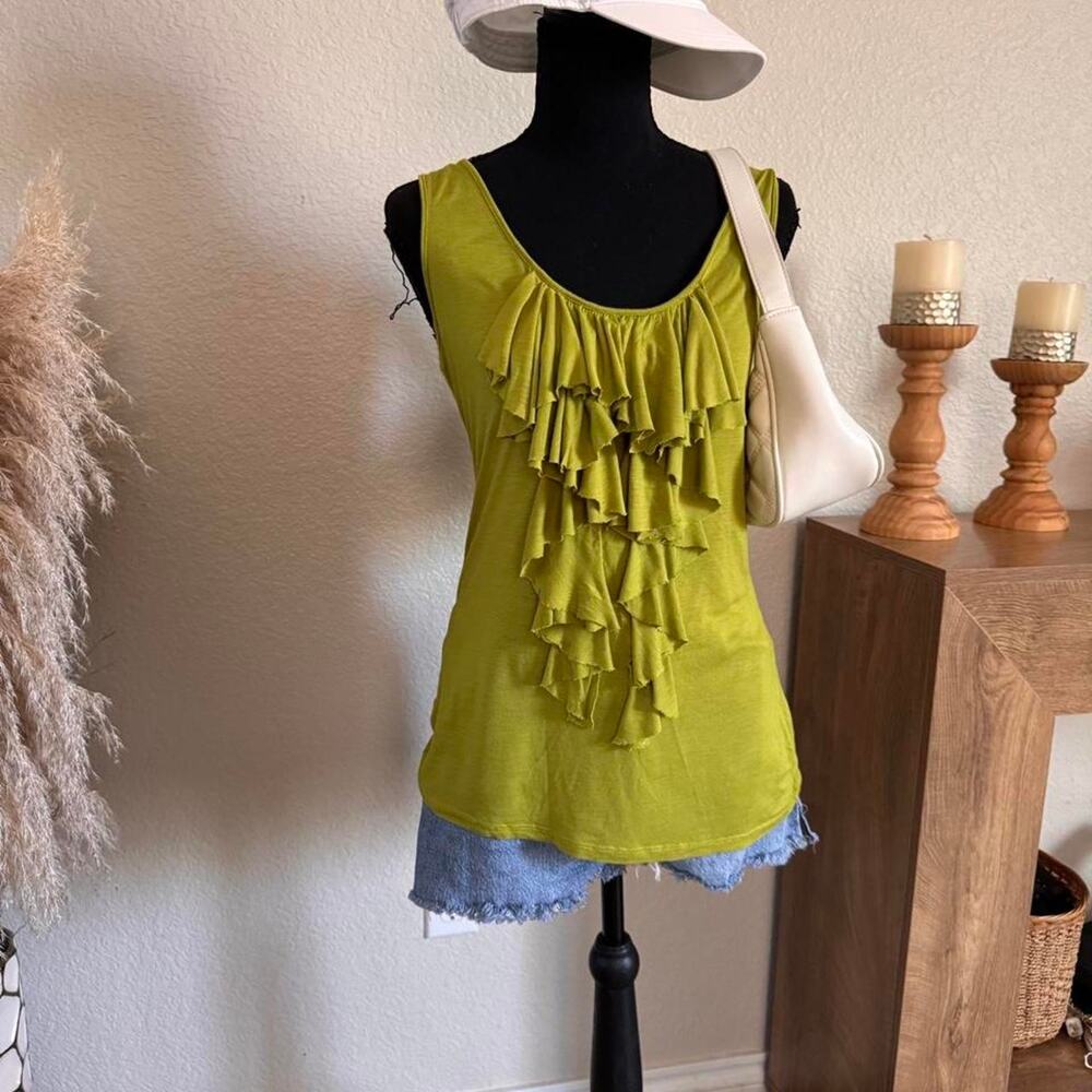 Vintage Y2K Chartreuse Lime Green Ruffle Tank Top - Size L